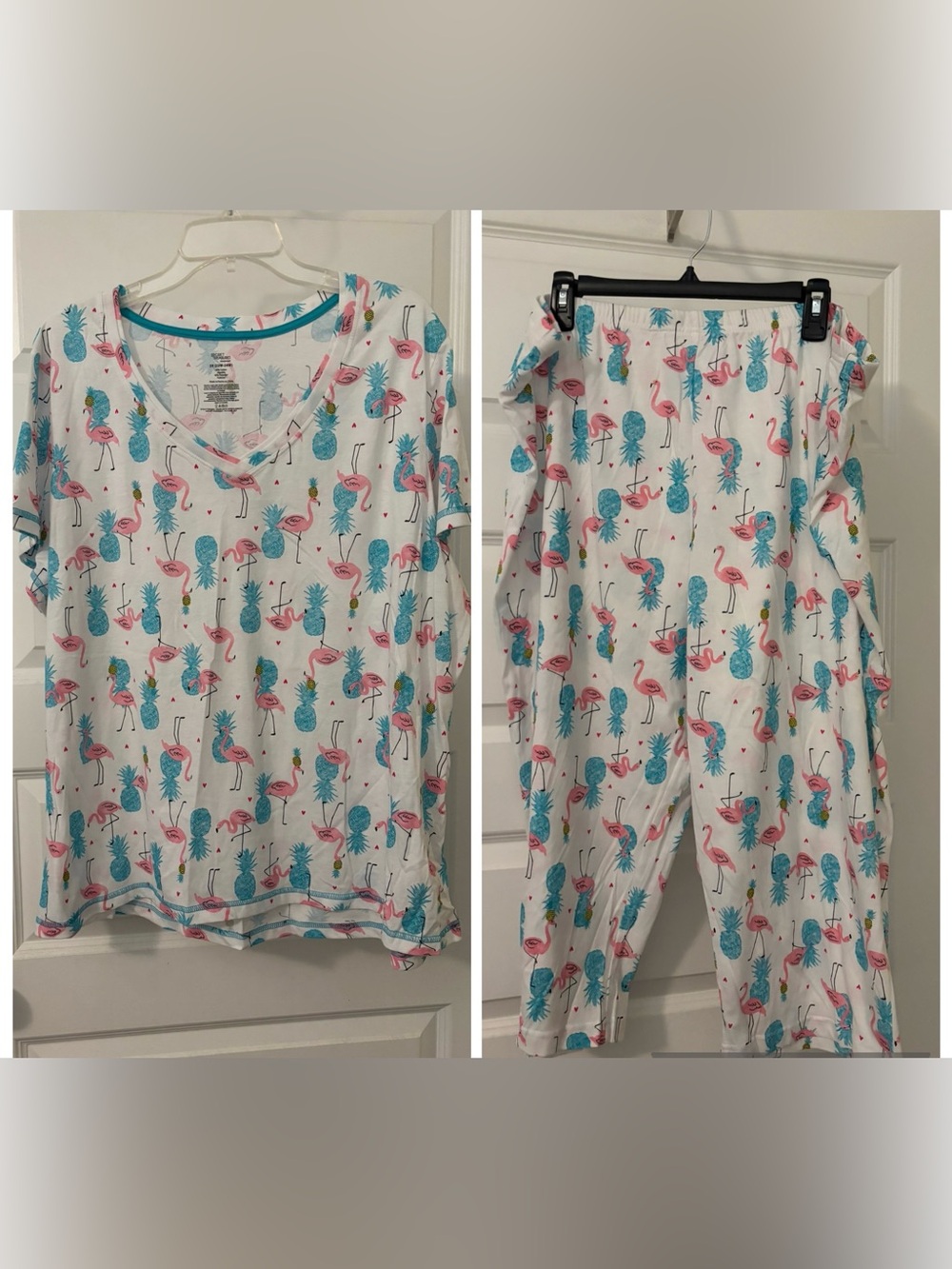 Secret Treasures White Flamingo & Teal Pineapple Pajama Set SZ 3X cotton blend